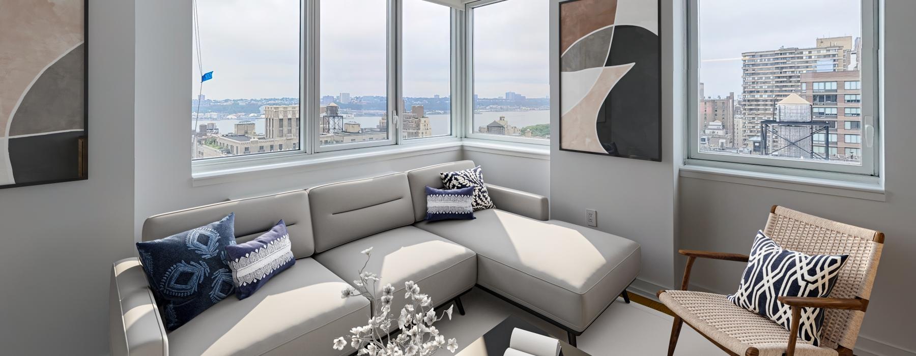 a living room with a large window